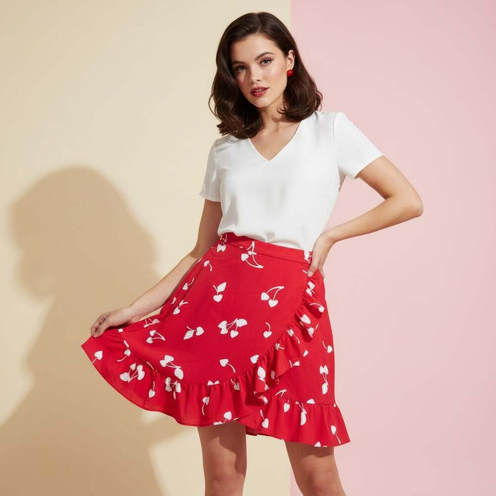 ModCloth It's a Wrap Cherry Hearts Mini Skirt Size 12 Red Pinup Rockabilly Retro